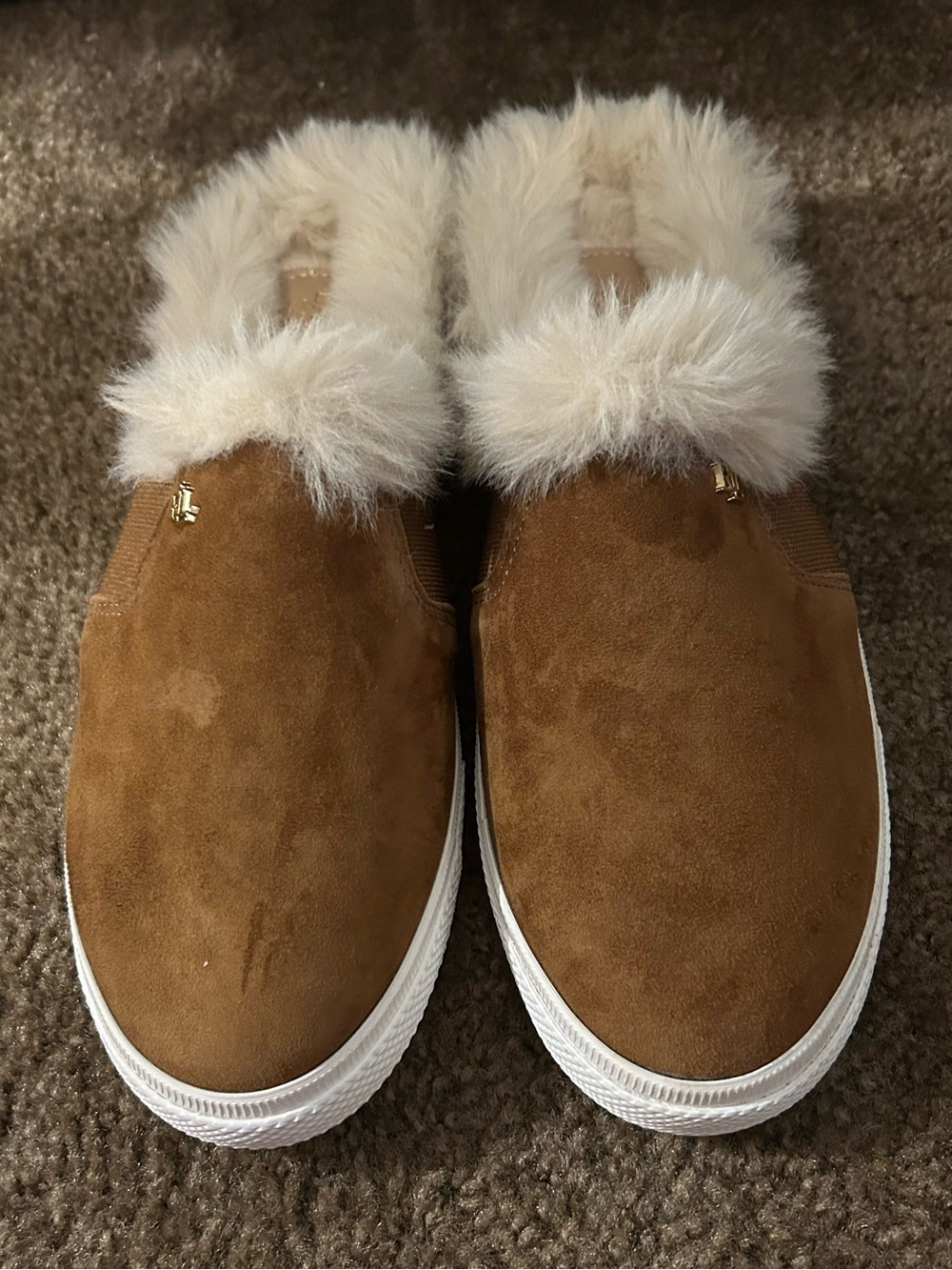 Lauren Ralph Lauren Chestnut Suede Slip-On Slippers with Cream Faux Fur